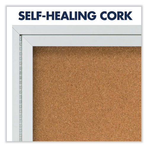 Picture of Enclosed Indoor Cork Bulletin Board with One Hinged Door, 24" x 36", Tan Surface, Satin Aluminum Frame