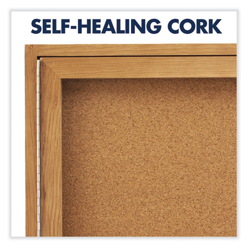 Picture of Enclosed Indoor Cork Bulletin Board with One Hinged Door, 24" x 36", Tan Surface, Oak Finished Fiberboard (MDF) Frame
