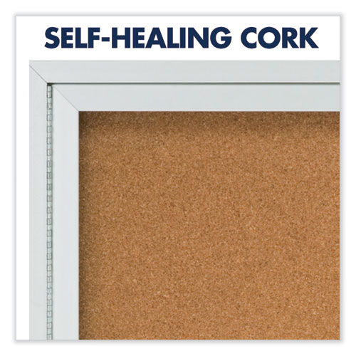 Picture of Enclosed Indoor Cork Bulletin Board with Three Hinged Doors, 72" x 36", Tan Surface, Satin Aluminum Frame