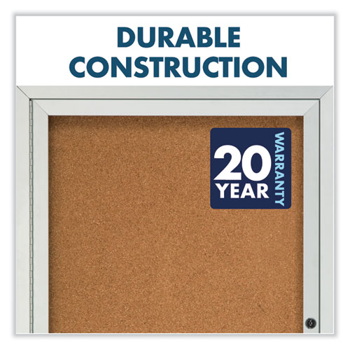 Picture of Enclosed Indoor Cork Bulletin Board with One Hinged Door, 24" x 36", Tan Surface, Satin Aluminum Frame