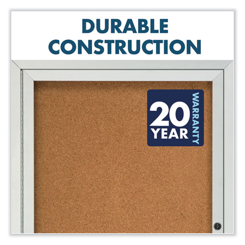 Picture of Enclosed Indoor Cork Bulletin Board with Three Hinged Doors, 72" x 36", Tan Surface, Satin Aluminum Frame