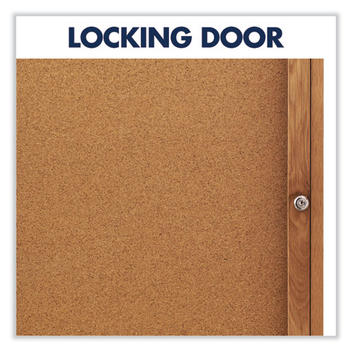 Picture of Enclosed Indoor Cork Bulletin Board with One Hinged Door, 24" x 36", Tan Surface, Oak Finished Fiberboard (MDF) Frame