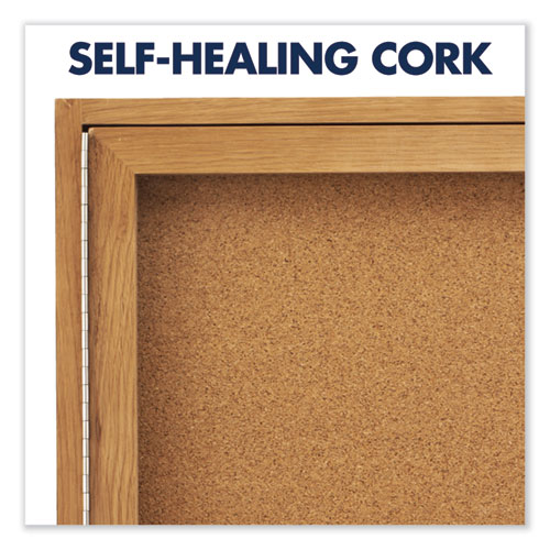 Picture of Enclosed Indoor Cork Bulletin Board with Two Hinged Doors, 48" x 36", Tan Surface, Oak Finished Fiberboard (MDF) Frame