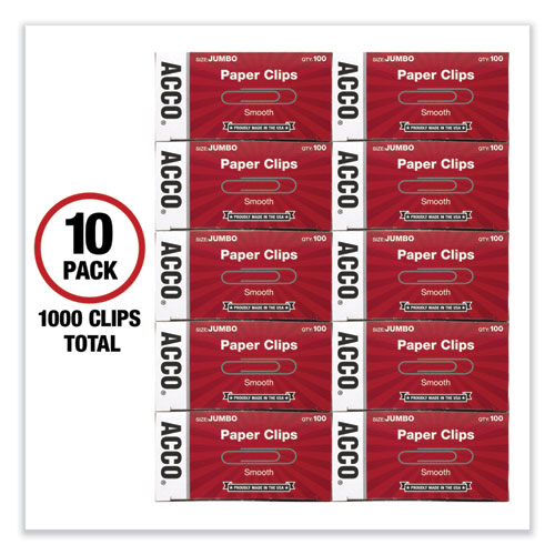 Picture of Paper Clips, Jumbo, Smooth, Silver, 100 Clips/Box, 10 Boxes/Pack