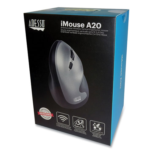 Picture of iMouse A20 Antimicrobial Vertical Wireless Mouse, 2.4 GHz Frequency/33 ft Wireless Range, Right Hand Use, Black/Granite