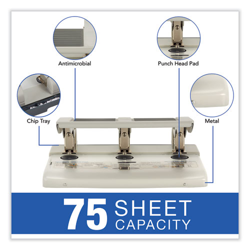 Picture of 75-Sheet Heavy-Duty High-Capacity Three-Hole Adjustable Punch, 9/32" Holes, Putty/Gray