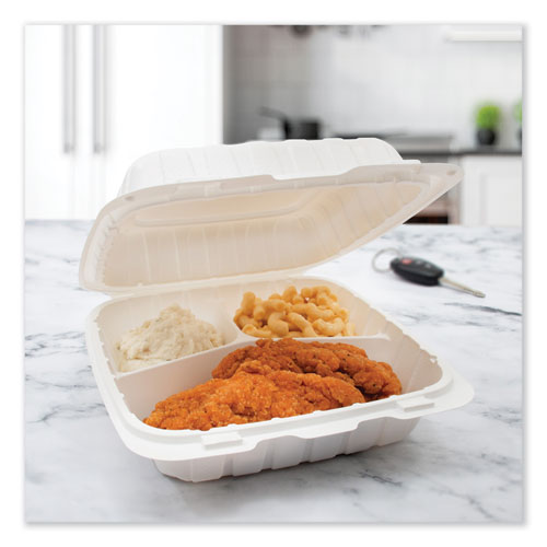 Picture of Hinged Lid Containers, 3-Compartment, 9 x 8.75 x 3, White, Plastic, 150/Carton