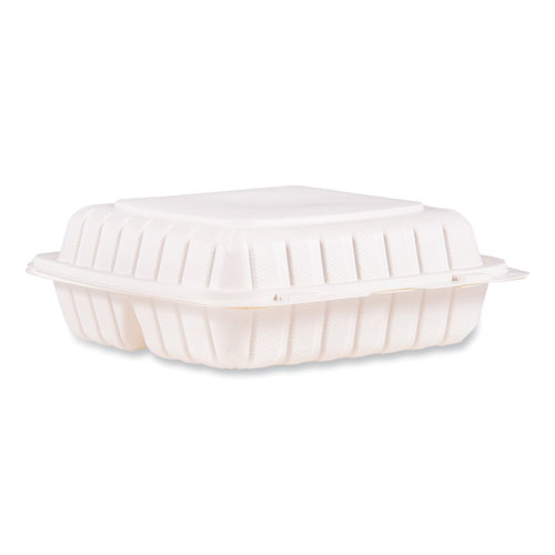 Picture of Hinged Lid Containers, 3-Compartment, 9 x 8.75 x 3, White, Plastic, 150/Carton