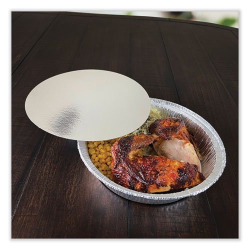 Picture of Round Aluminum To-Go Container Lids, Flat Lid, 9", Silver, Paper, 500/Carton