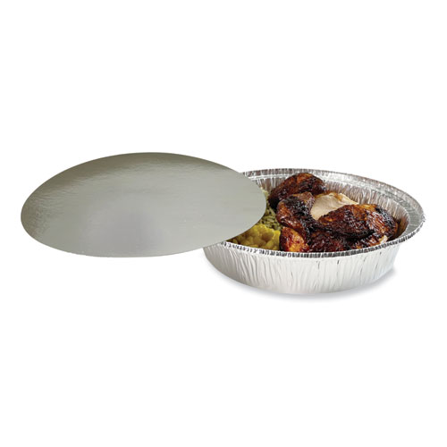 Picture of Round Aluminum To-Go Container Lids, Flat Lid, 9", Silver, Paper, 500/Carton