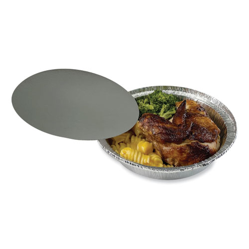 Picture of Round Aluminum To-Go Container Lids, Flat Lid, 7", Silver, Paper, 500/Carton