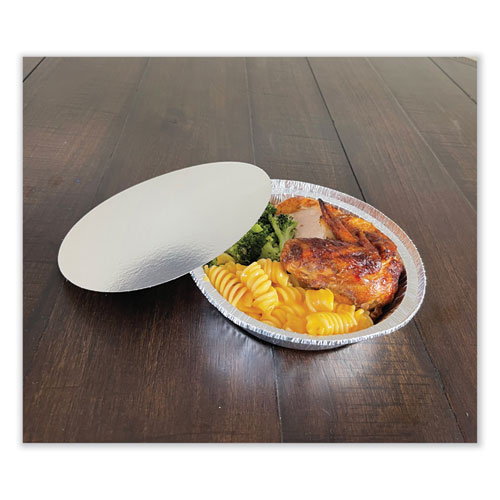 Picture of Round Aluminum To-Go Container Lids, Flat Lid, 7", Silver, Paper, 500/Carton