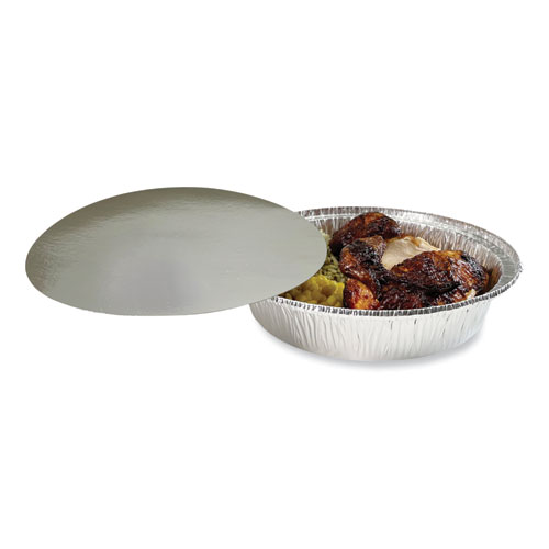 Picture of Round Aluminum To-Go Containers with Lid, 48 oz, 9" Diameter x 1.66"h, Silver, 200/Carton