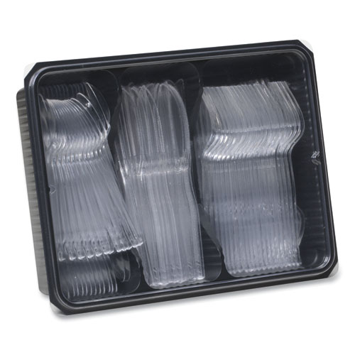 Picture of Cutlery Keeper Tray with Clear Plastic Utensils: 60 Forks, 60 Knives, 60 Spoons