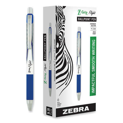 Picture of Z-Grip Flight Ballpoint Pen, Retractable, Bold 1.2 mm, Blue Ink, Black/Blue/White Barrel, 12/Pack