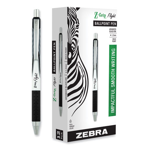 Picture of Z-Grip Flight Ballpoint Pen, Retractable, Bold 1.2 mm, Black Ink, Black/Gray/White Barrel, 12/Pack