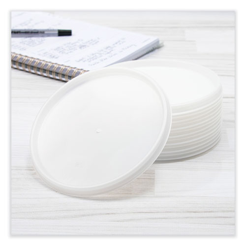 Picture of Plastic Lids for Foam Cups, Bowls and Containers, Vented, Fits 12-60 oz, Translucent, 100/Pack, 10 Packs/Carton