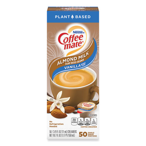 Picture of Plant-Based Almond Milk Non-Dairy Liquid Creamer Singles, Natural Vanilla, 0.38 oz Tubs, 50/Box