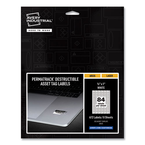 Picture of PermaTrack Destructible Asset Tag Labels, Laser Printers, 0.5 x 1, White, 84/Sheet, 8 Sheets/Pack