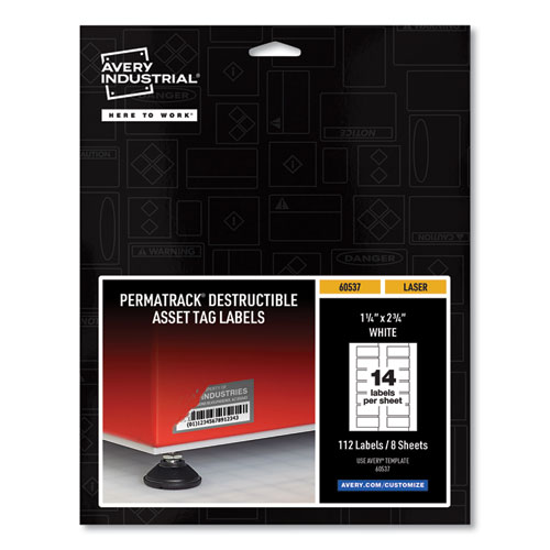 Picture of PermaTrack Destructible Asset Tag Labels, Laser Printers, 1.25 x 2.75, White, 14/Sheet, 8 Sheets/Pack