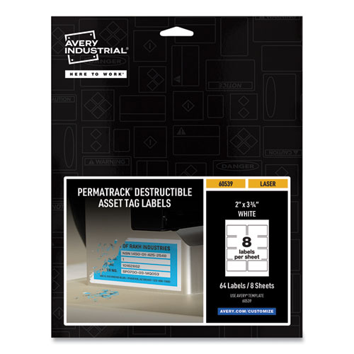 Picture of PermaTrack Destructible Asset Tag Labels, Laser Printers, 2 x 3.75, White, 8/Sheet, 8 Sheets/Pack