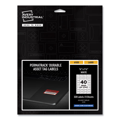 Picture of PermaTrack Durable White Asset Tag Labels, Laser Printers, 0.75 x 1.5, White, 40/Sheet, 8 Sheets/Pack
