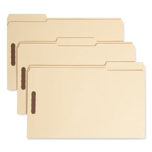 Picture of Top Tab Fastener Folders, 1/3-Cut Tabs: Assorted, 0.75" Expansion, 2 Fasteners, Legal Size, Manila Exterior, 50/Box