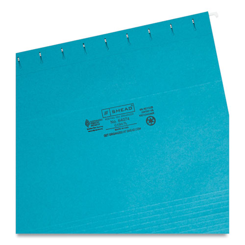 Picture of Colored Hanging File Folders with 1/5 Cut Tabs, Letter Size, 1/5-Cut Tabs, Teal, 25/Box