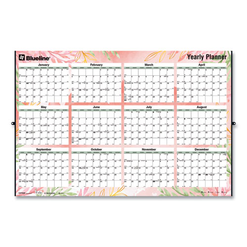 Picture of Yearly Laminated Wall Calendar, Tropical Watercolor Artwork, 36 x 24, White/Sand/Orange Sheets, 12-Month (Jan-Dec): 2024