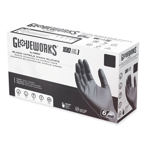 Picture of Nitrile Exam Gloves, Powder-Free, 6 mil, Medium, Black, 100/Box