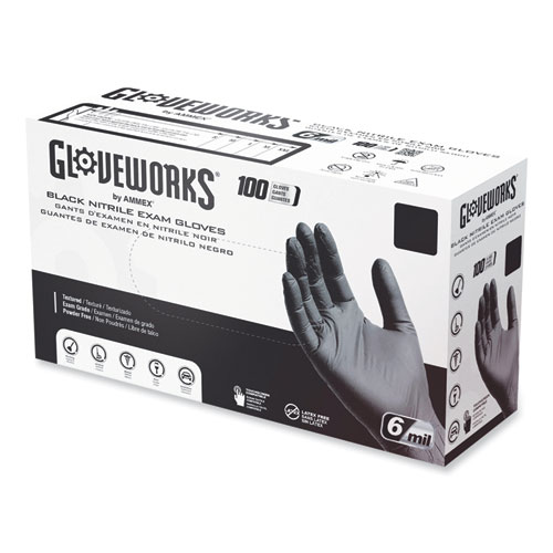 Picture of Nitrile Exam Gloves, Powder-Free, 6 mil, X-Large, Black, 100/Box