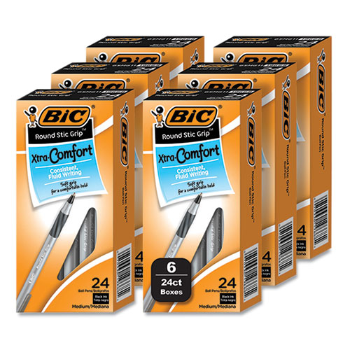 Picture of Round Stic Grip Xtra Comfort Ballpoint Pen, Medium 1 mm, Black Ink, Gray/Black, 24/Box, 6 Boxes/Pack