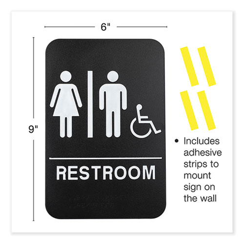 Picture of Indoor/Outdoor Restroom Sign with Braille Text and Wheelchair, 6" x 9", Black Face, White Graphics, 3/Pack