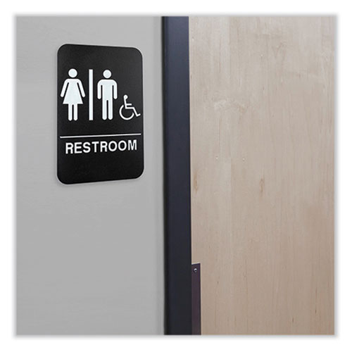 Picture of Indoor/Outdoor Restroom Sign with Braille Text and Wheelchair, 6" x 9", Black Face, White Graphics, 3/Pack