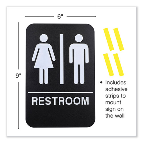 Picture of Indoor/Outdoor Restroom with Braille Text, 6" x 9", Black Face, White Graphics, 3/Pack