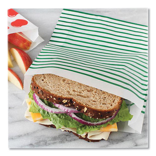 Picture of Paper Sandwich Bag, XL Sandwich, 7.1" x 2" x 9.4", Green Stripes/White, 50/Box