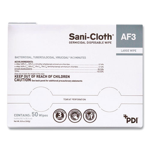 Picture of Sani-Cloth AF3 Germicidal Disposable Wipes, Large, 1-Ply, 8" x 5", Unscented, White, 50/Pack, 10 Packs/Carton