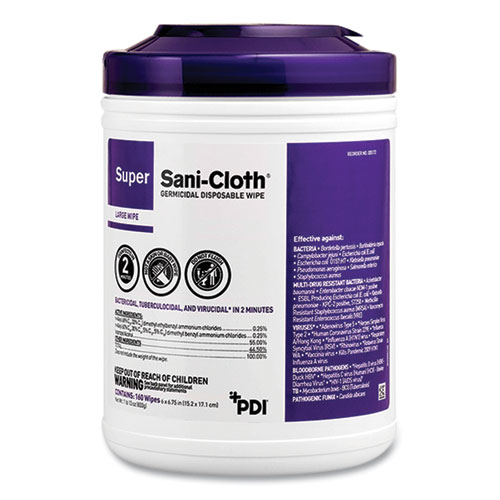 Picture of Super Sani-Cloth Germicidal Disposable Wipes, Extra-Large, 1-Ply, 7.5" x 15", Unscented, White, 75/Pack