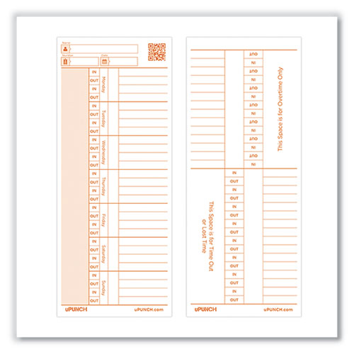 Picture of Time Card for PK1100 Time Clock, Two Sides, 3.38 x 8.25, 100/Pack