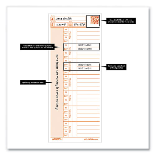 Picture of Time Card for PK1100 Time Clock, Two Sides, 3.38 x 8.25, 100/Pack