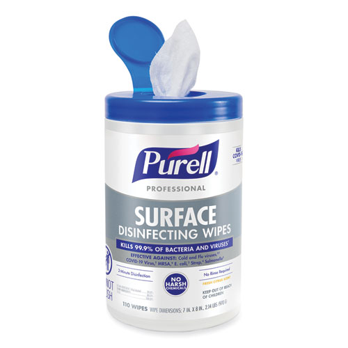 Picture of Professional Surface Disinfecting Wipes, 1-Ply, 7 x 8, Fresh Citrus, White, 110/Canister, 6 Canisters/Carton