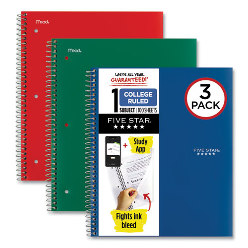 Picture of Wirebound Notebook with Two Pockets, 1-Subject, Medium/College Rule, Assorted Cover Color, (100) 11 x 8.5 Sheets, 3/Pack