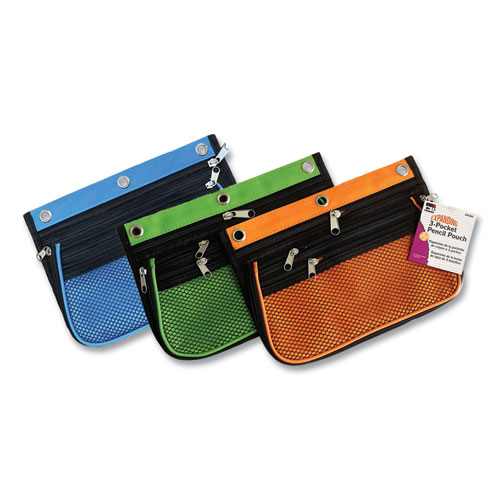 Picture of Three-Pocket Binder-Insertable Expandable Pencil Pouch, 10.25 x 7.5, Assorted Colors, 3/Pack