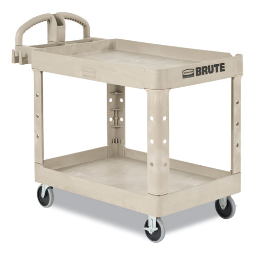Picture of BRUTE Heavy-Duty Utility Cart with Lipped Shelves, Plastic, 2 Shelves, 500 lb Capacity, 17.13" x 38.5" x 38.88", Beige