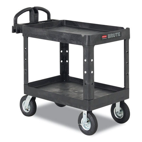 Picture of BRUTE Heavy-Duty Utility Cart with Lipped Shelves, Plastic, 2 Shelves, 500 lb Capacity, 25.88" x 45.25" x 37.13", Black