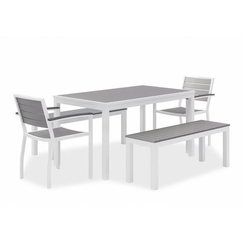Picture of Eveleen Outdoor Dining Table Set, 55" x 35" x 29" Rectangular Table, 2 Benches, 2 Armchairs, Gray/White