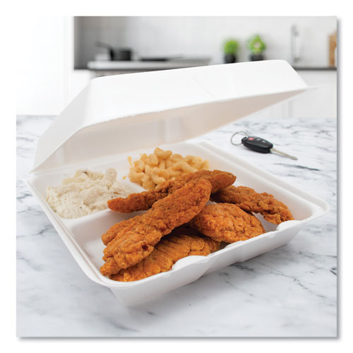 Picture of Foam Hinged Lid Containers, 3-Compartment, 9.25 x 9.5 x 3, White, 200/Carton
