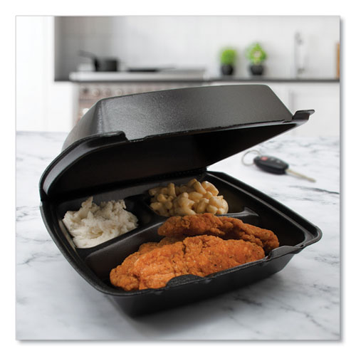 Picture of Insulated Foam Hinged Lid Containers, 3 Compartments, 7.96 x 3.2 x 8.36, Black, Foam, 200/Carton