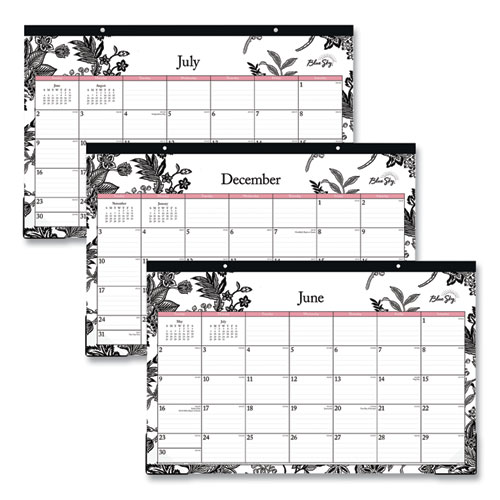 Picture of Analeis Academic Year Desk Pad Calendar, Floral Artwork, 17 x 11, White/Black/Coral Sheets, 12-Month (July-June): 2024-2025