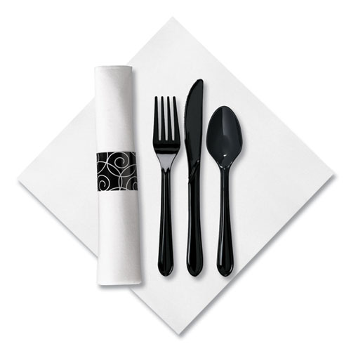 Picture of CaterWrap Heavyweight Cutlery Combo, Fork/Spoon/Knife/Napkin, Black, 100/Carton